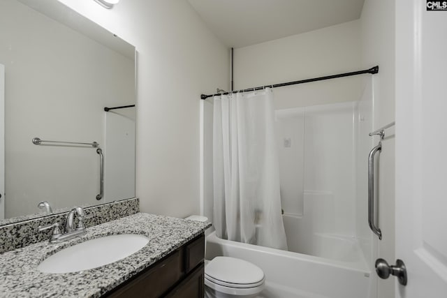 bathroom with toilet, shower / bathtub combination with curtain, and vanity