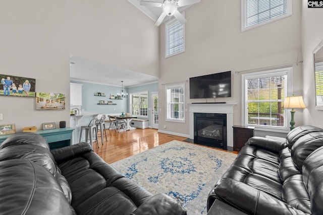 257 Popes Ln, Lexington, SC 29072 - living room featuring a high ceiling, a chandelier, light wood-type flooring, healthy amount of natural light, and a ceiling fan