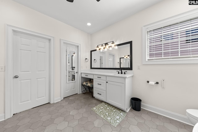 257 Popes Ln, Lexington, SC 29072 - bathroom featuring baseboards, tile patterned flooring, vanity, ceiling fan, and recessed lighting