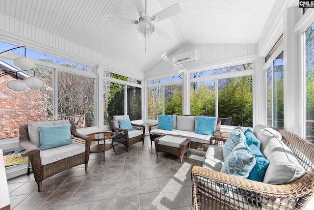 257 Popes Ln, Lexington, SC 29072 - sunroom featuring lofted ceiling, a wall unit AC, outdoor lounge area, and ceiling fan