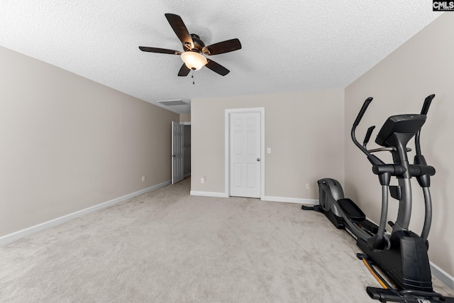 257 Popes Ln, Lexington, SC 29072 - workout room with a ceiling fan, light carpet, a textured ceiling, and baseboards