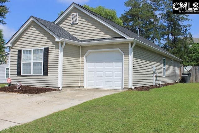 view of front of home featuring a front yard, a garage, central AC unit, driveway, and roof with shingles