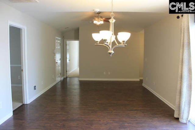 unfurnished dining area featuring dark wood-style floors, vaulted ceiling, a chandelier, and baseboards