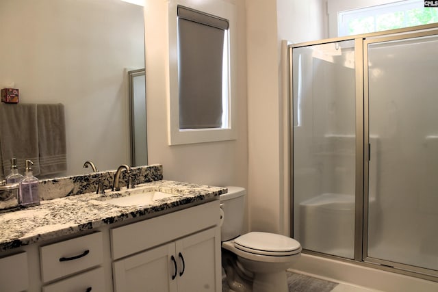 bathroom featuring vanity, toilet, and a stall shower