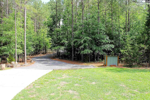 exterior space featuring a forest view