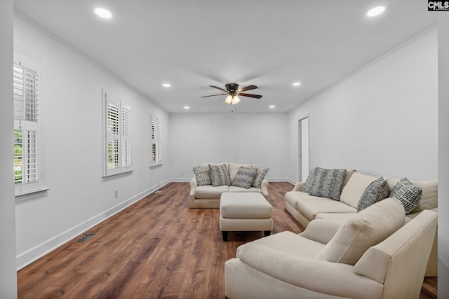 living room featuring ceiling fan, recessed lighting, and dark wood-style floors