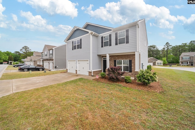 craftsman-style house featuring driveway, a front yard, an attached garage, and brick siding