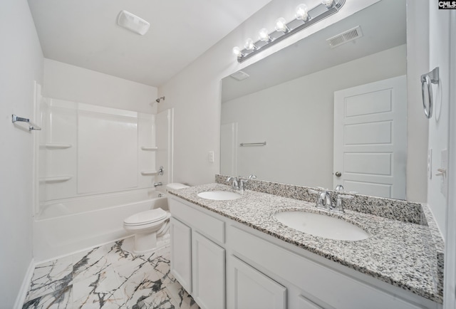 full bath with visible vents, toilet, marble finish floor, and a sink