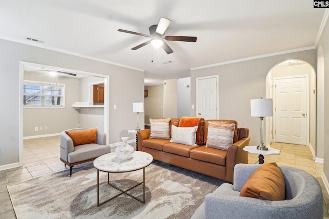 208 Bailey Island Cir, Lexington, SC 29072 - living area featuring light tile patterned floors, ceiling fan, and crown molding