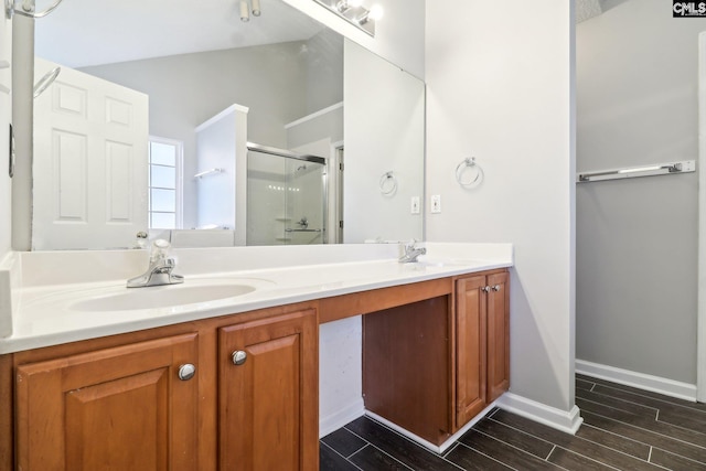208 Bailey Island Cir, Lexington, SC 29072 - full bathroom with a stall shower, double vanity, a sink, and wood tiled floor
