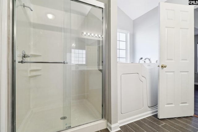 208 Bailey Island Cir, Lexington, SC 29072 - full bath with a shower stall, wood finished floors, and lofted ceiling