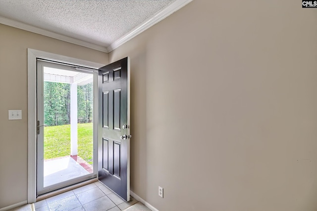 doorway featuring crown molding, a textured ceiling, light tile patterned floors, and baseboards