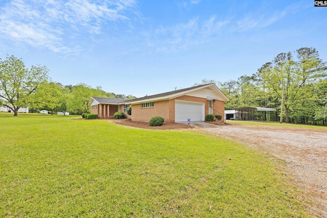 view of property exterior with a lawn, a detached carport, and dirt driveway