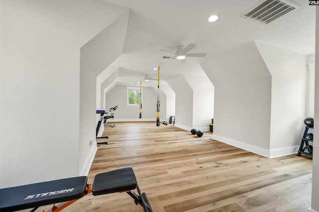 527 Regatta Rd, Columbia, SC 29212 - workout room with ceiling fan, visible vents, baseboards, and lofted ceiling