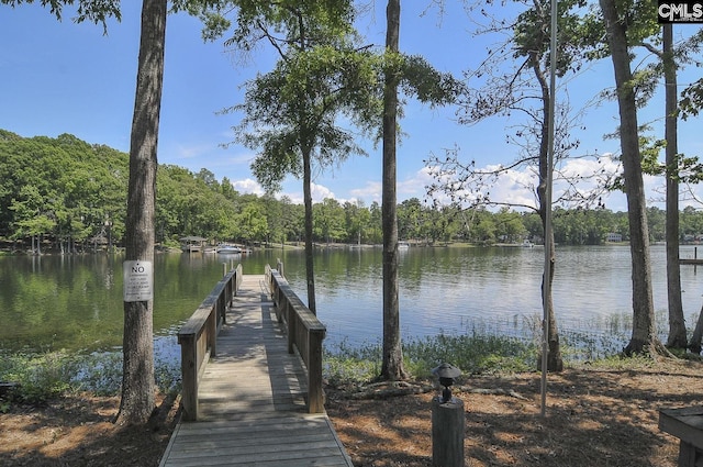 dock area featuring a wooded view and a water view