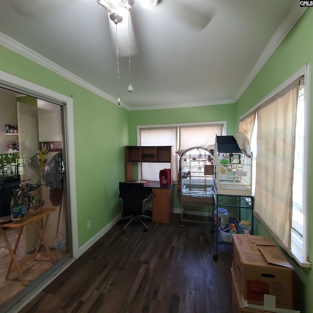 home office with dark wood-style floors, baseboards, ornamental molding, and a wealth of natural light