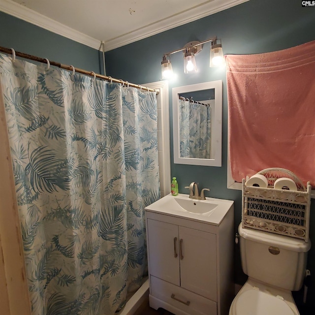 bathroom with ornamental molding, toilet, vanity, and a shower with shower curtain