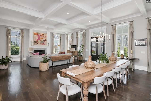 821 Harborside Ln, Columbia, SC 29229 - dining area with beam ceiling, baseboards, dark wood-type flooring, coffered ceiling, and a notable chandelier