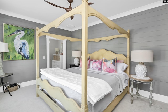 821 Harborside Ln, Columbia, SC 29229 - bedroom featuring carpet floors, wooden walls, and ceiling fan