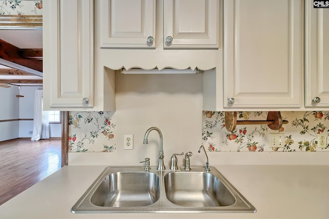 kitchen with wood finished floors, decorative backsplash, light countertops, and a sink