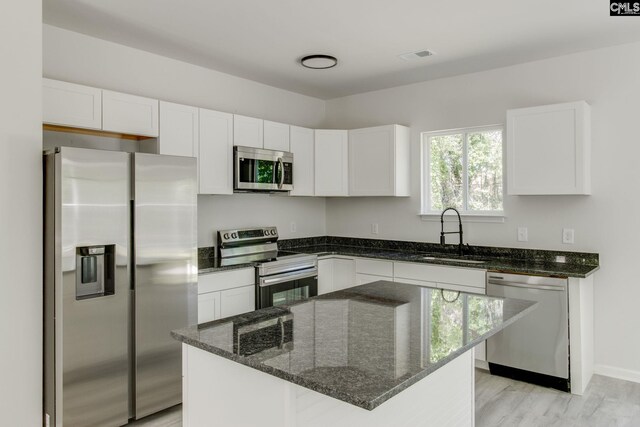 kitchen featuring a sink, stainless steel appliances, dark stone countertops, visible vents, and white cabinetry