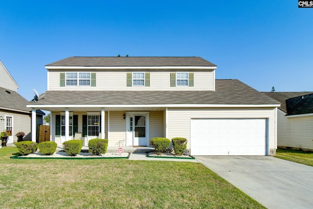 traditional home featuring driveway, a porch, a front lawn, and a garage