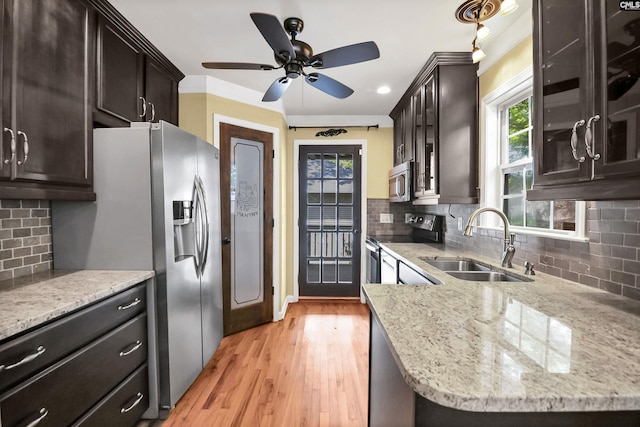 kitchen with dark brown cabinets, a sink, light wood finished floors, stainless steel appliances, and backsplash