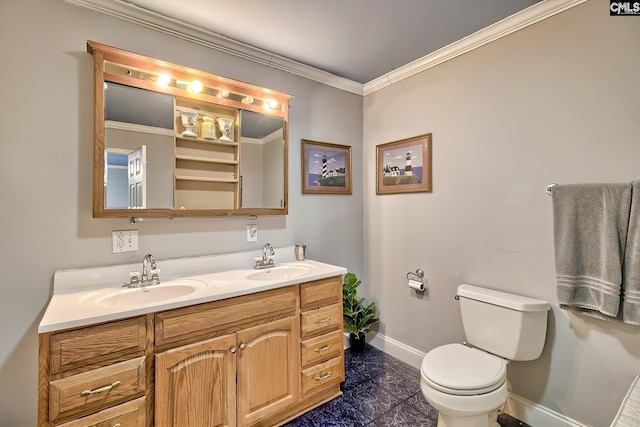bathroom featuring baseboards, a sink, crown molding, and toilet