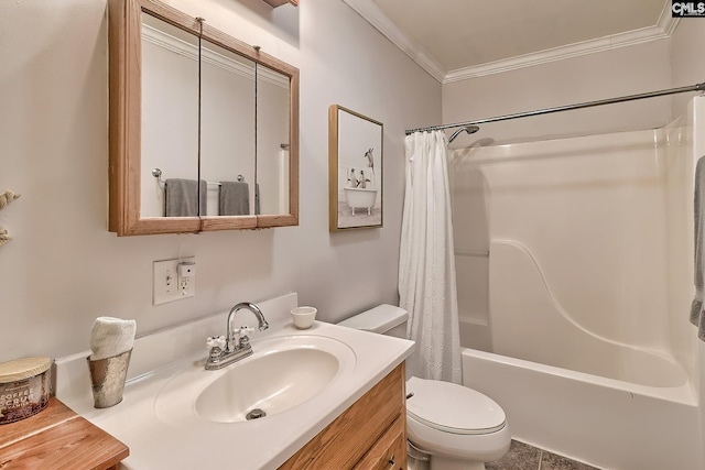 bathroom with crown molding, vanity, shower / bath combo, and toilet
