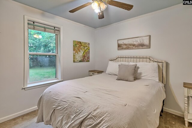 carpeted bedroom featuring baseboards, multiple windows, and ornamental molding
