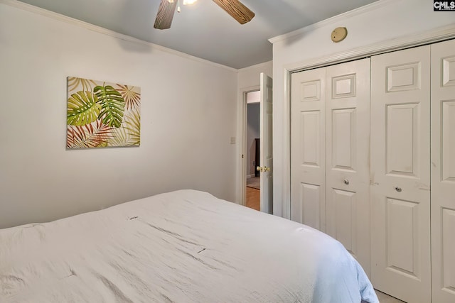 bedroom featuring ornamental molding, a ceiling fan, and a closet