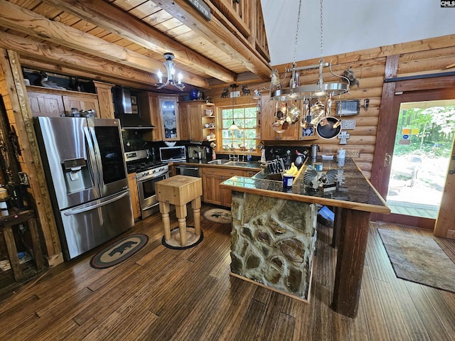 kitchen with wall chimney range hood, a sink, a peninsula, log walls, and stainless steel appliances