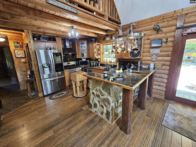 kitchen featuring open shelves, extractor fan, stainless steel appliances, dark wood-style floors, and log walls