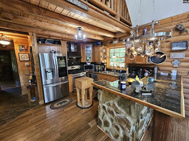 kitchen with tile countertops, open shelves, ventilation hood, dark wood-style floors, and stainless steel appliances
