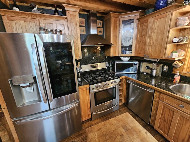 kitchen featuring open shelves, extractor fan, dark wood-type flooring, tasteful backsplash, and stainless steel appliances