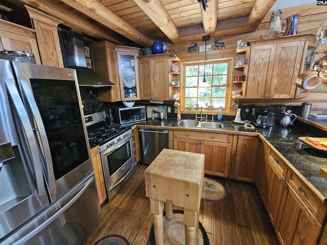 kitchen featuring stainless steel appliances, open shelves, a sink, and wall chimney exhaust hood