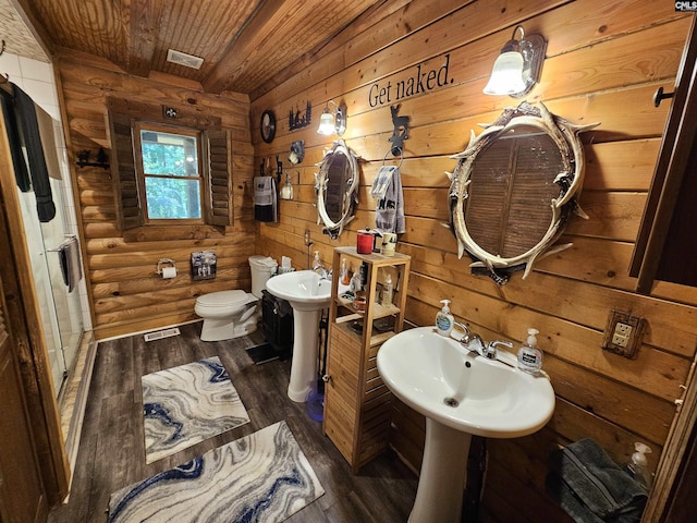 bathroom featuring wooden ceiling, toilet, wood finished floors, and visible vents