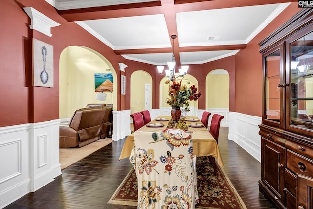 dining area featuring beam ceiling, dark wood finished floors, a wainscoted wall, arched walkways, and coffered ceiling