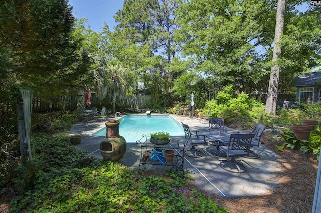 view of pool featuring a fenced in pool, a fenced backyard, and a patio area