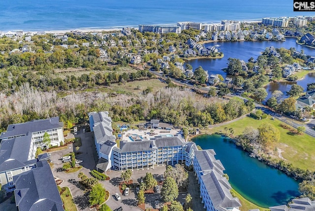 aerial view featuring a water view