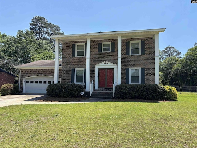 view of front of property featuring fence, an attached garage, a front lawn, brick siding, and concrete driveway