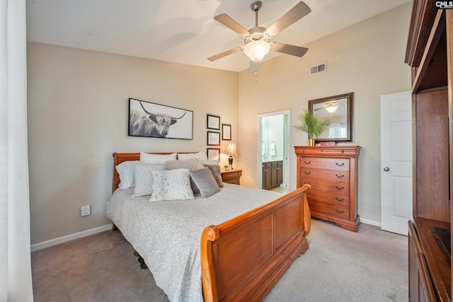 bedroom with visible vents, baseboards, ceiling fan, and light colored carpet