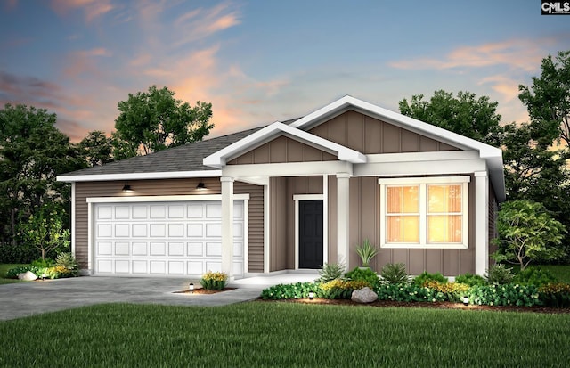 ranch-style home featuring an attached garage, a yard, board and batten siding, and concrete driveway