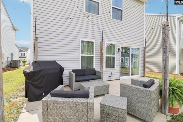 view of patio / terrace featuring an outdoor hangout area, grilling area, and central AC