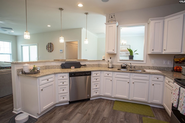 kitchen featuring dishwasher, a sink, a peninsula, dark wood-style floors, and white cabinetry