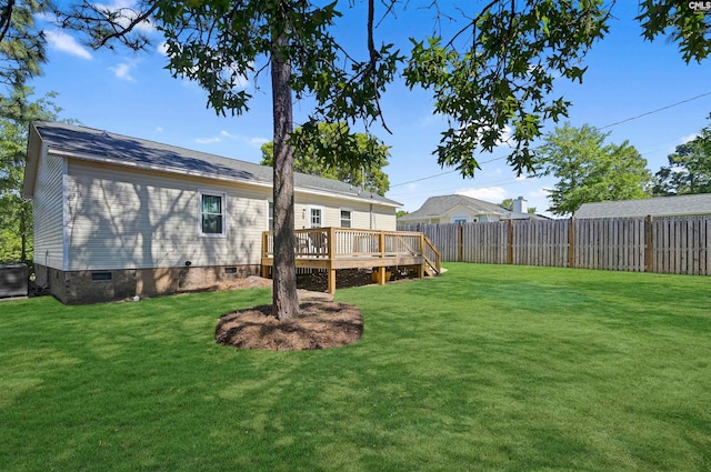 view of yard with a wooden deck and fence