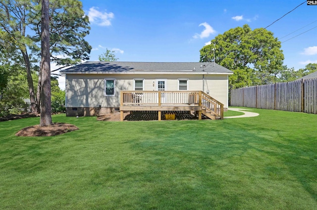 back of house featuring fence, a shingled roof, a wooden deck, crawl space, and a yard