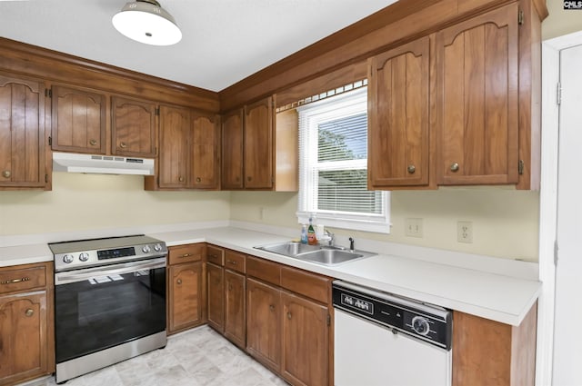 kitchen featuring white dishwasher, stainless steel electric range, a sink, light countertops, and under cabinet range hood