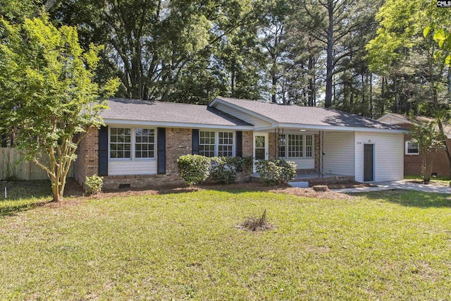 ranch-style house with crawl space, a front lawn, and brick siding