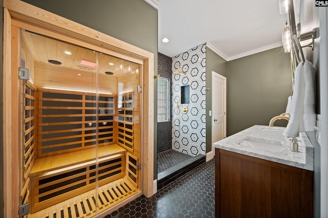 full bathroom featuring crown molding, walk in shower, vanity, recessed lighting, and a sauna